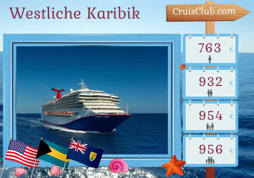 Kreuzfahrt in der westlichen Karibik ab Miami an Bord des Carnival-Sunrise-Schiffs mit Besuchen in den USA und auf den Bahamas für 6 Tage