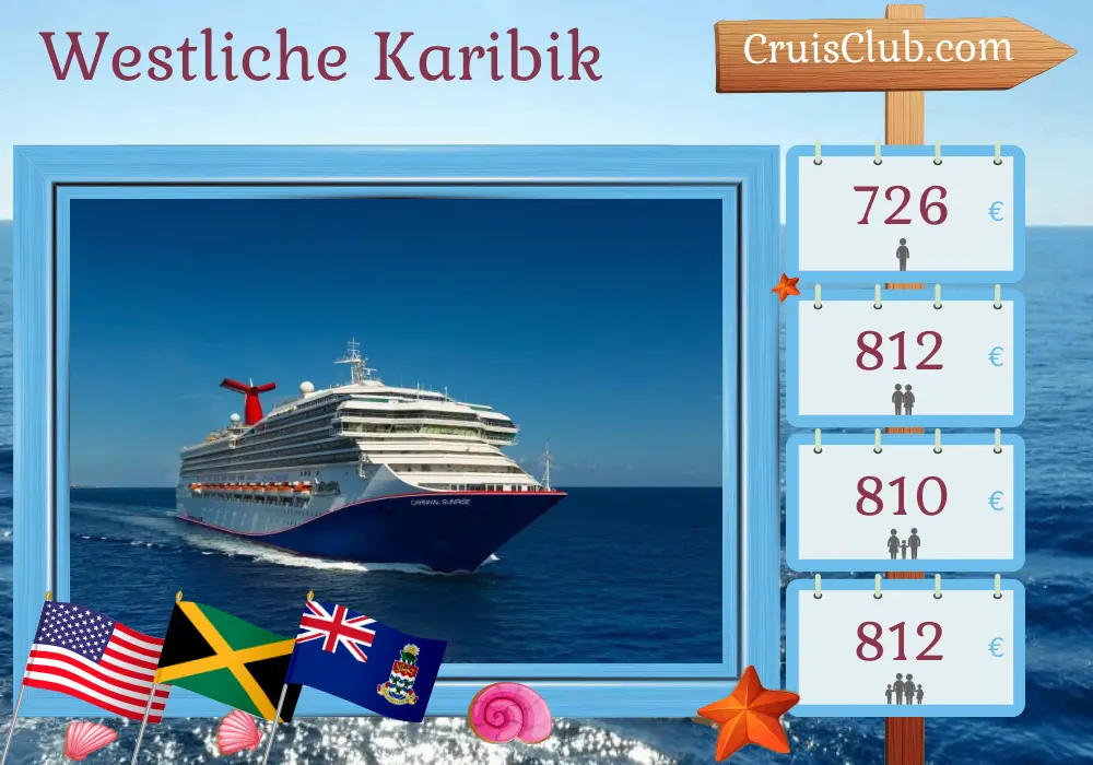 Kreuzfahrt in der westlichen Karibik ab Miami an Bord des Carnival Sunrise-Schiffs mit Besuchen in den USA, Jamaika und den Cayman Islands für 6 Tage