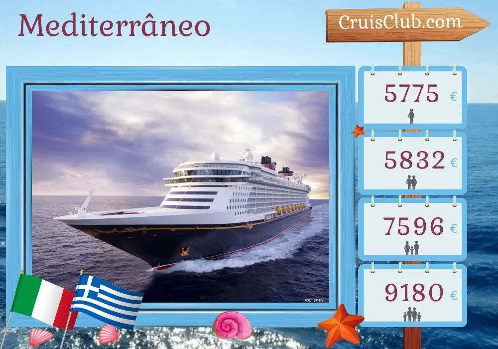 Cruzeiro no Mediterrâneo a partir de Civitavecchia a bordo do navio Disney Dream com visitas à Itália e Grécia por 8 dias