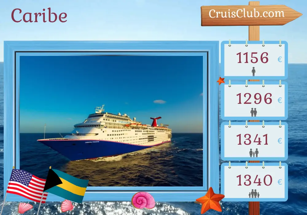 Cruzeiro no Caribe saindo de Tampa a bordo do navio Carnival Paradise com visitas aos EUA e Bahamas por 6 dias