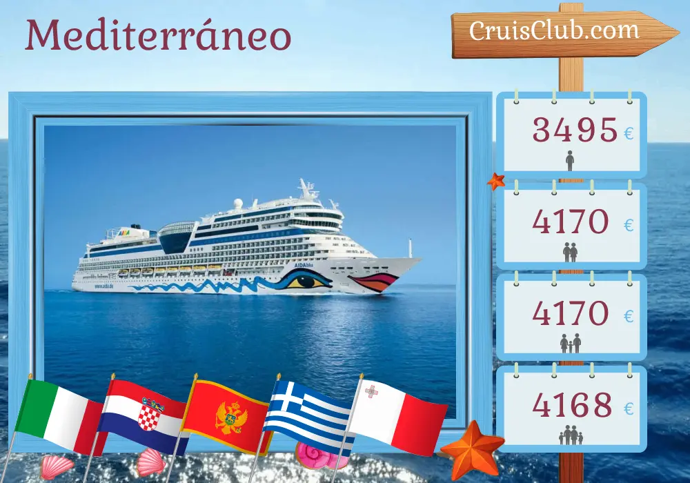 Crucero por el Mediterráneo desde Trieste a bordo del barco AIDAblu con visitas a Italia, Croacia, Montenegro, Grecia y Malta durante 15 días