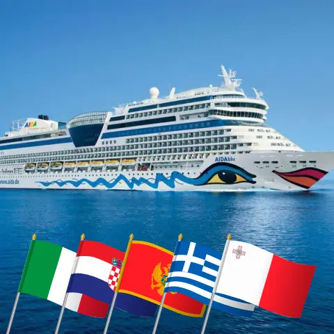 Crucero por el Mediterráneo desde Trieste a bordo del barco AIDAblu con visitas a Italia, Croacia, Montenegro, Grecia y Malta durante 15 días