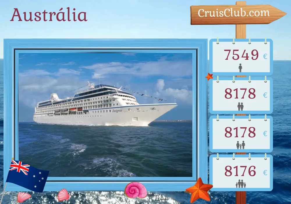 Cruzeiro na Austrália de Sydney a Benoa a bordo do navio Insignia com visitas à Austrália e à Indonésia por 16 dias