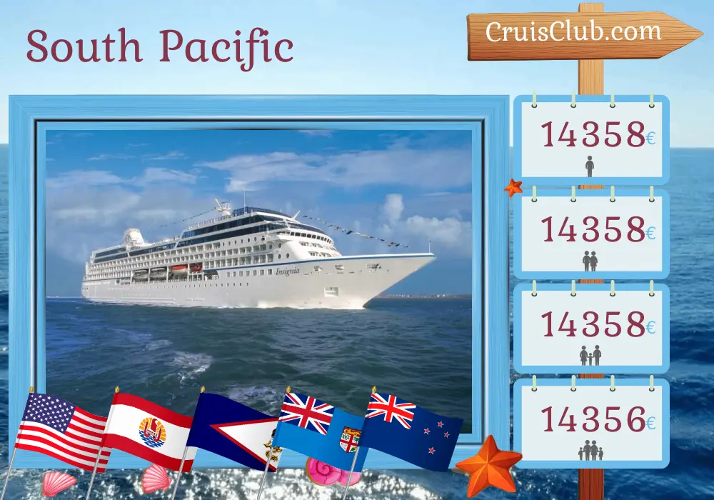 Cruise in the South Pacific from Los Angeles to Auckland aboard Insignia ship with visits to USA, French Polynesia, Samoa, Fiji, and New Zealand for 30 days