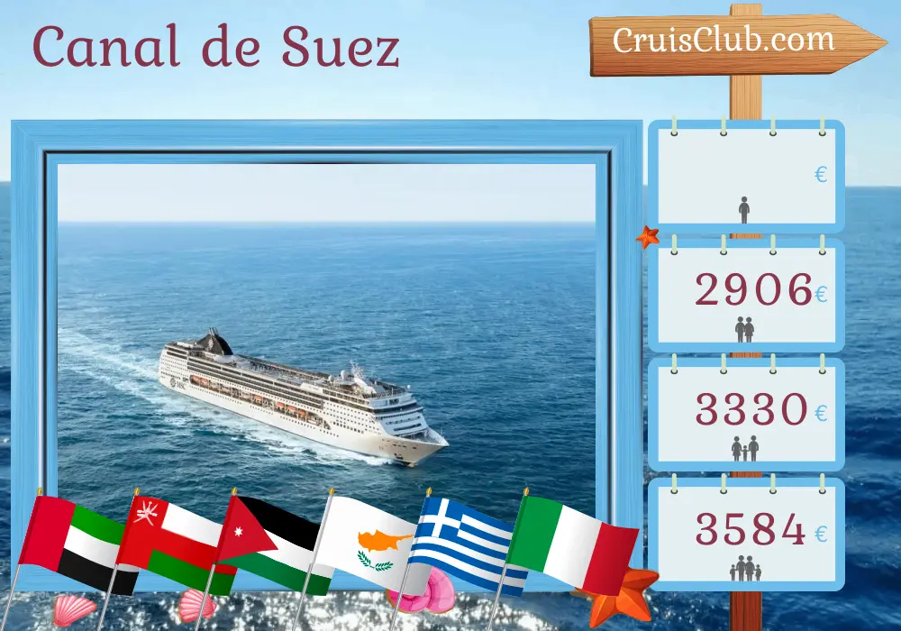 Croisière dans le canal de Suez de Dubaï à Gênes à bord du navire MSC Opera avec des visites aux Émirats arabes unis, en Oman, en Jordanie, en Égypte, en Israël, à Chypre, en Grèce et en Italie pendant 22 jours