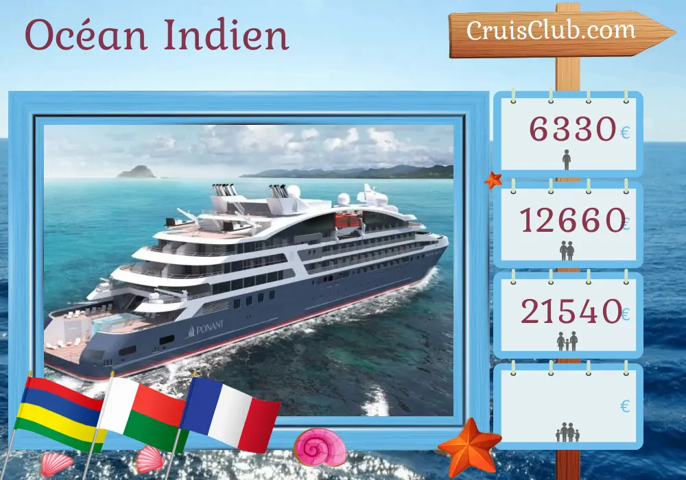 Croisière dans l`océan Indien depuis Port-Louis à bord du navire Le Jacques Cartier avec des visites à Maurice, à Madagascar et en France pendant 14 jours