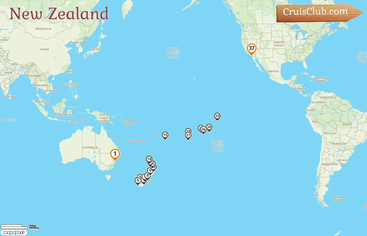 Kreuzfahrt in Neuseeland von Sydney nach San Diego an Bord des Schiffes Volendam mit Besuchen in Australien, Neuseeland, Tonga, Cookinseln, Französisch-Polynesien und den USA für 37 Tage