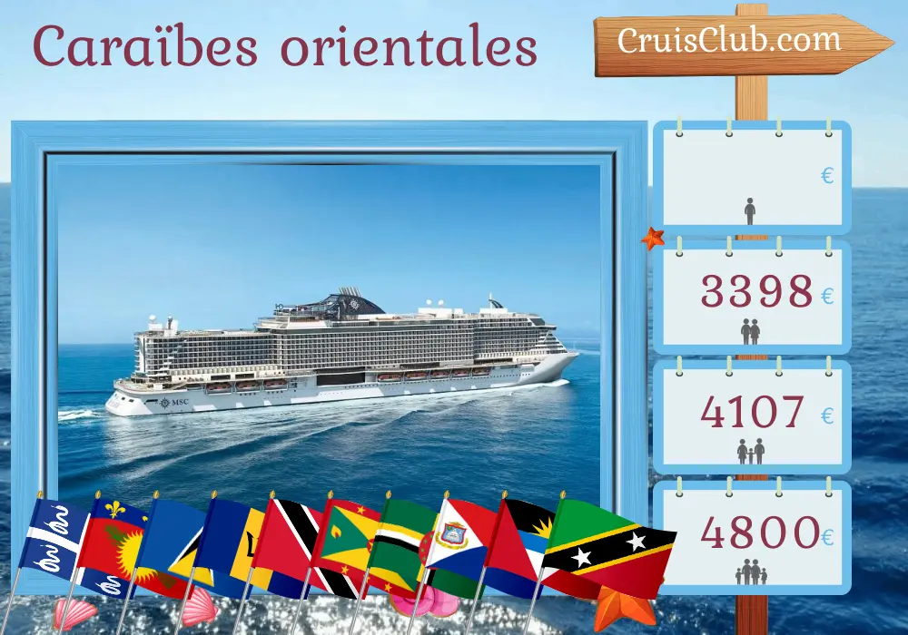 Croisière dans les Caraïbes de l`Est depuis Fort-de-France à bord du navire MSC Seaside avec des visites en Martinique, en Guadeloupe, à Sainte-Lucie, à la Barbade, à Trinité-et-Tobago, à la Grenade, à la Dominique et à Saint-Kitts-et-Nevis pendant 15 jours