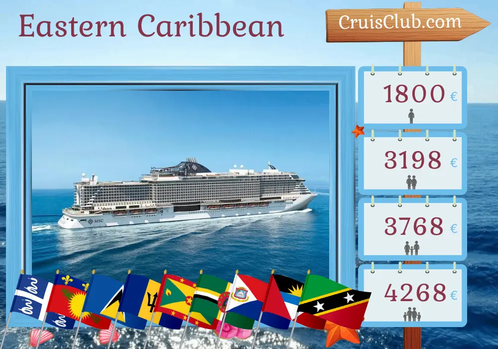 Kreuzfahrt in der östlichen Karibik ab Fort-de-France an Bord des MSC Seaside-Schiffs mit Besuchen in Martinique, Guadeloupe, St. Lucia, Barbados, St. Vincent und den Grenadinen, Grenada, Dominica sowie St. Kitts und Nevis für 15 Tage
