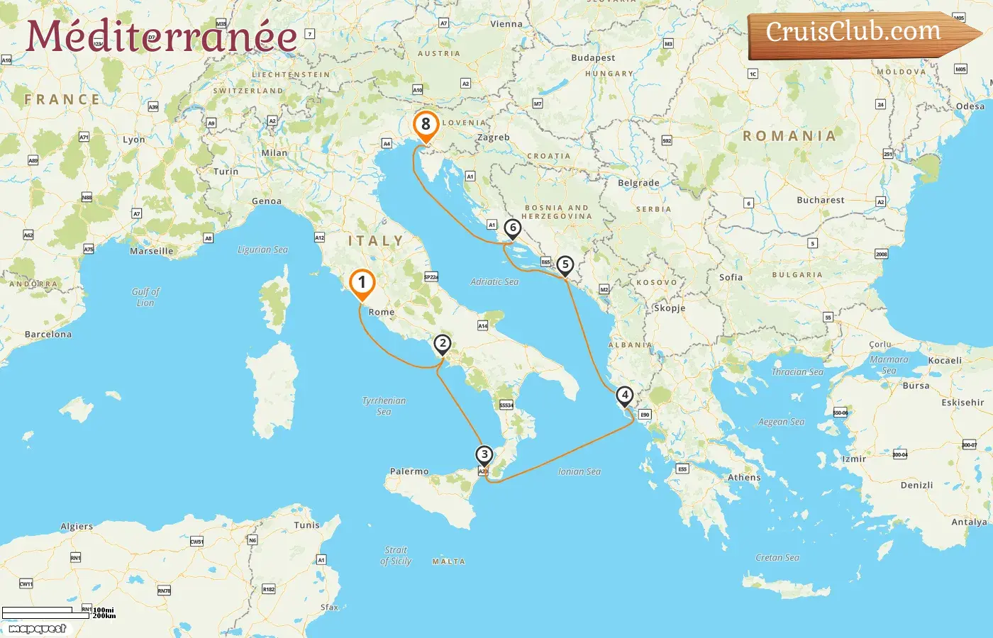 Croisière en Méditerranée de Civitavecchia à Trieste à bord du navire Norwegian Escape avec des visites en Italie, en Grèce et en Croatie pendant 8 jours