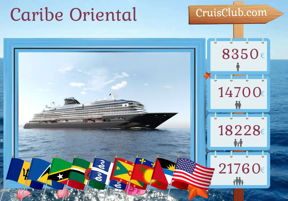 Crucero por el Caribe Oriental desde Bridgetown hasta Miami a bordo del barco EXPLORA I con visitas a Barbados, Santa Lucía, San Cristóbal y Nieves, San Bartolomé, Dominica, Martinica, Granada, Guadalupe, Islas Vírgenes Británicas y Estados Unidos durante 17 días