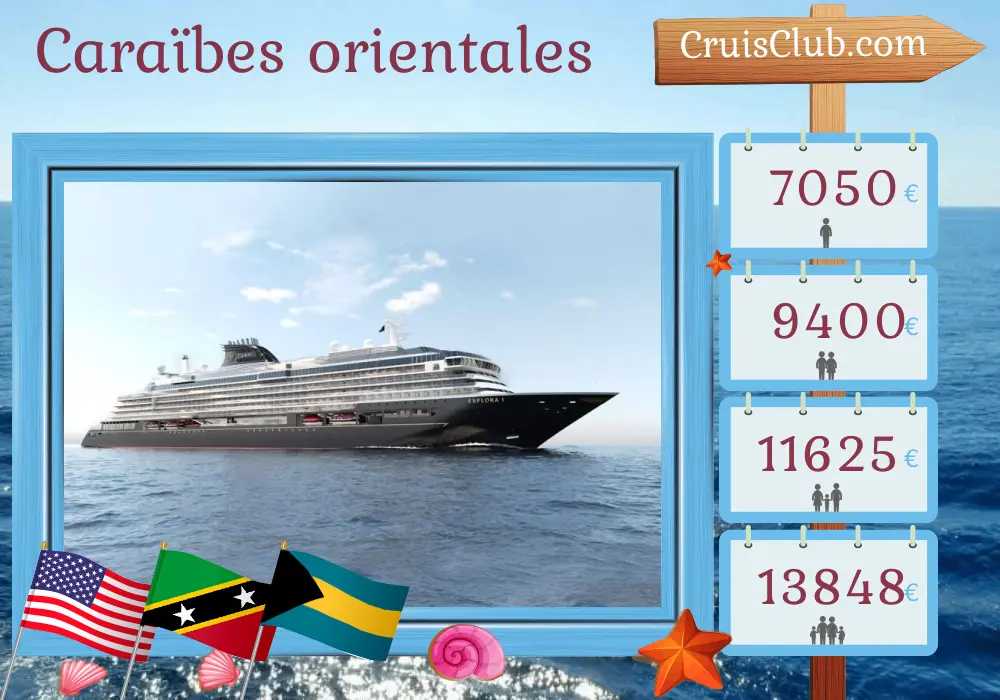 Croisière dans les Caraïbes de l`Est au départ de Miami à bord du navire EXPLORA I avec des visites aux États-Unis, à Porto Rico, à Saint-Kitts-et-Nevis, aux îles Vierges britanniques, en République dominicaine et aux Bahamas pendant 10 jours