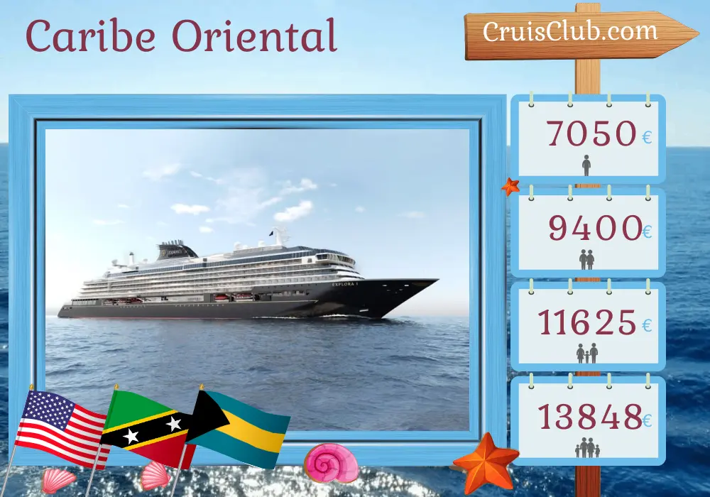 Crucero por el Caribe Oriental desde Miami a bordo del barco EXPLORA I con visitas a Estados Unidos, Puerto Rico, San Cristóbal y Nieves, Islas Vírgenes Británicas, República Dominicana y Bahamas durante 10 días