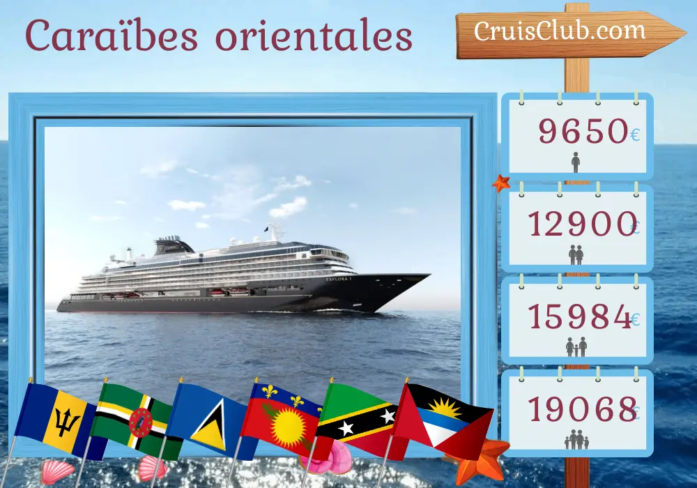 Croisière dans les Caraïbes de l`Est au départ de Bridgetown à bord du navire EXPLORA I avec des visites à Barbade, Dominique, Sainte-Lucie, Guadeloupe, Saint-Barthélemy, Porto Rico, les îles Vierges britanniques, Saint-Christophe-et-Niévès et Saint-Vincent-et-les-Grenadines pendant 13 jours