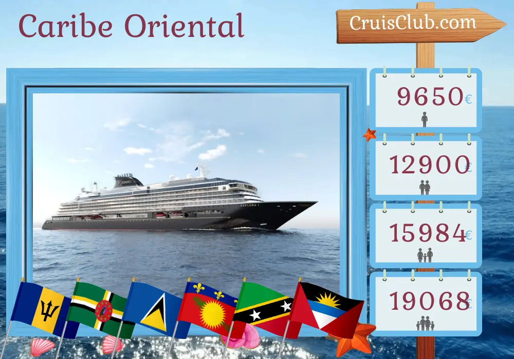 Crucero por el Caribe Oriental desde Bridgetown a bordo del barco EXPLORA I con visitas a Barbados, Dominica, Santa Lucía, Guadalupe, San Bartolomé, Puerto Rico, Islas Vírgenes Británicas, San Cristóbal y Nieves y San Vicente y las Granadinas durante 13 días