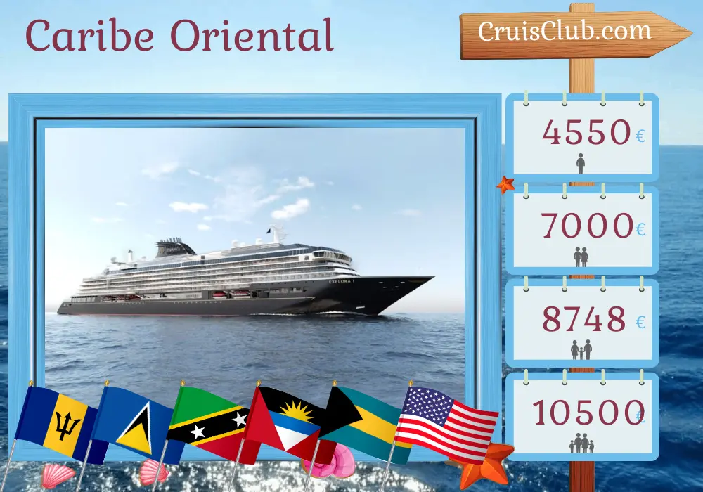 Cruzeiro no Caribe Oriental de Bridgetown a Miami a bordo do navio EXPLORA I com visitas a Barbados, Santa Lúcia, São Cristóvão e Nevis, Bahamas e EUA por 8 dias