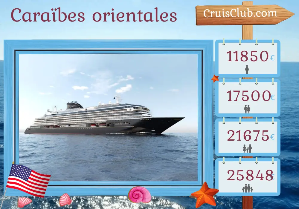 Croisière dans les Caraïbes de l`Est au départ de Bridgetown à bord du navire EXPLORA I avec des visites à Barbade, Martinique, Saint-Kitts et Nevis, République dominicaine, Bahamas, États-Unis, Îles Vierges britanniques, Saint-Barthélemy, Guadeloupe, Sainte-Lucie et Saint-Vincent-et-les-Grenadines pendant 18 jours