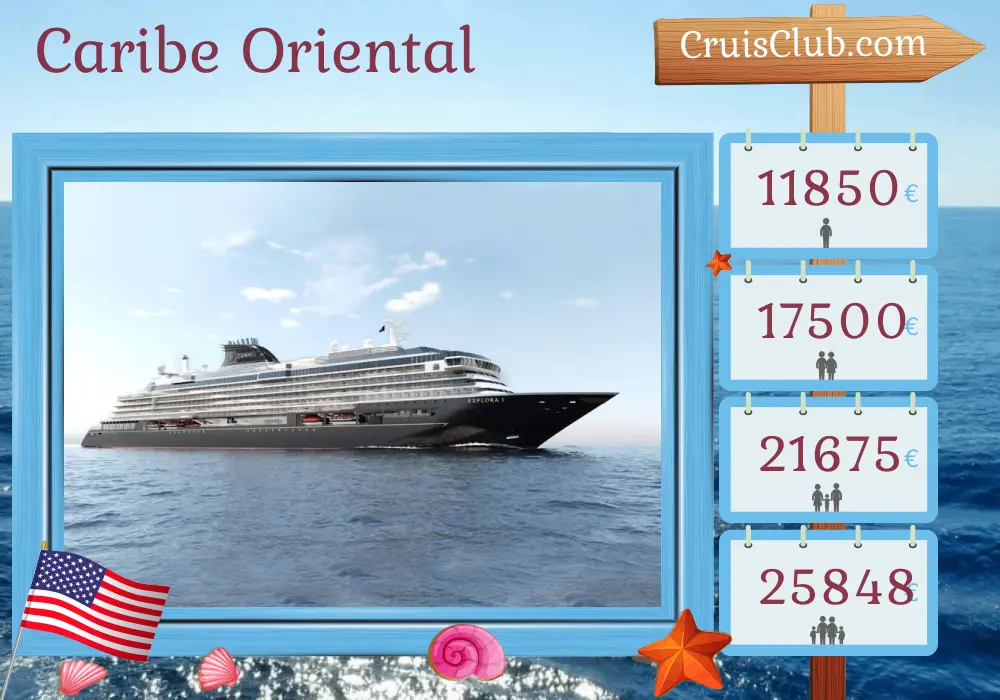 Cruzeiro no Caribe Oriental a partir de Bridgetown a bordo do navio EXPLORA I com visitas a Barbados, Martinica, São Cristóvão e Nevis, República Dominicana, Bahamas, EUA, Ilhas Virgens Britânicas, São Bartolomeu, Guadalupe, Santa Lúcia e São Vicente e Granadinas por 18 dias