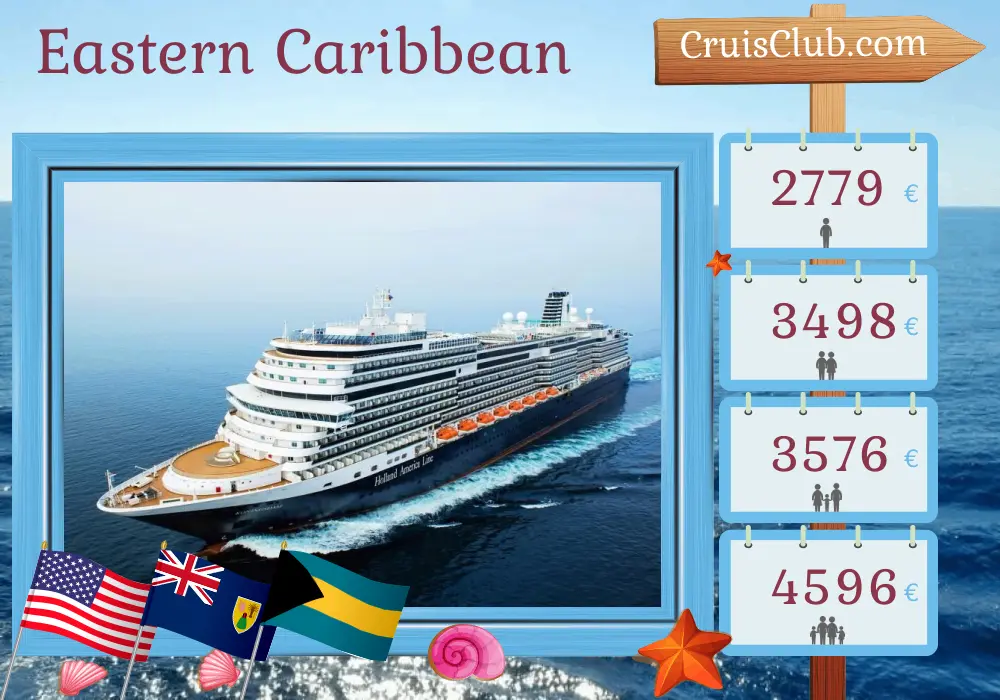 Kreuzfahrt in der östlichen Karibik ab Fort Lauderdale an Bord des Schiffes Koningsdam mit Besuchen in den USA, Puerto Rico und den Bahamas für 8 Tage