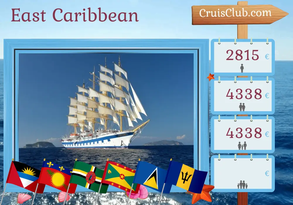 East Caribbean Cruise from St. John`s to Bridgetown aboard Royal Clipper with visits to Guadeloupe, Dominica, Grenada, Saint Vincent and the Grenadines, Saint Lucia, and Barbados for 8 days