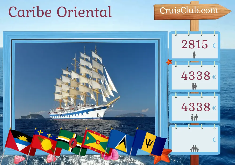 Cruzeiro no Caribe Oriental de St. John`s a Bridgetown a bordo do navio Royal Clipper com visitas a Guadalupe, Dominica, Granada, São Vicente e Granadinas, Santa Lúcia e Barbados por 8 dias