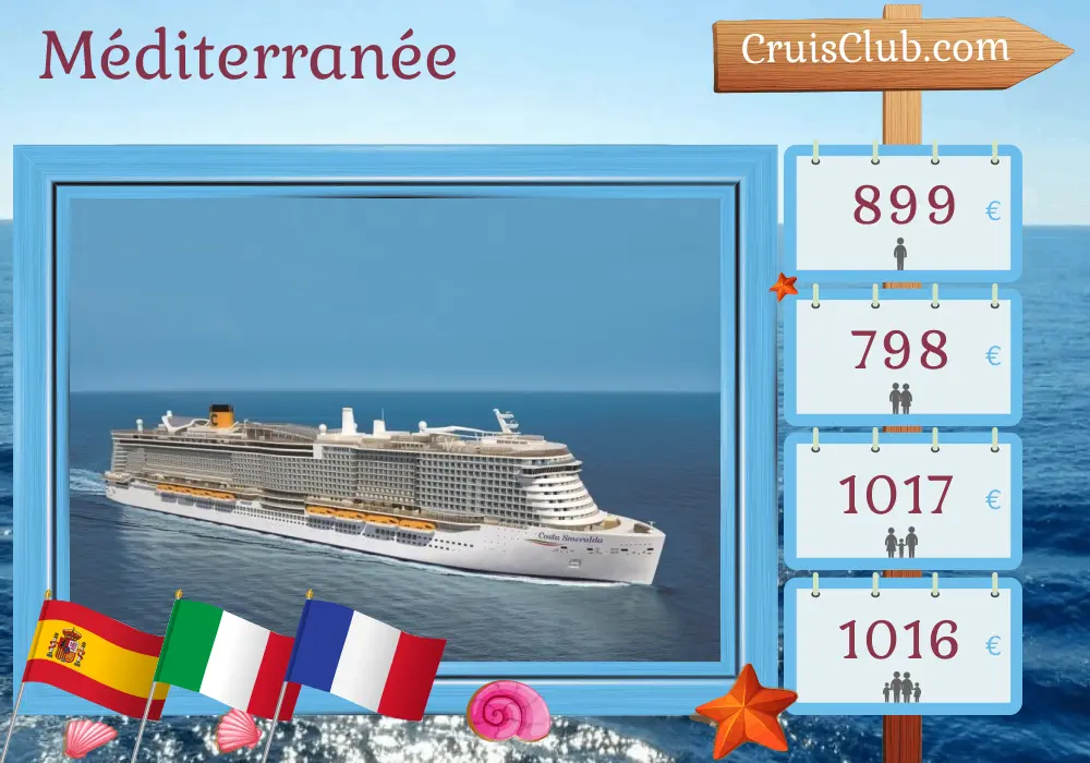 Croisière en Méditerranée depuis Barcelone à bord du navire Costa Smeralda avec des visites en Espagne, en Italie et en France pendant 8 jours