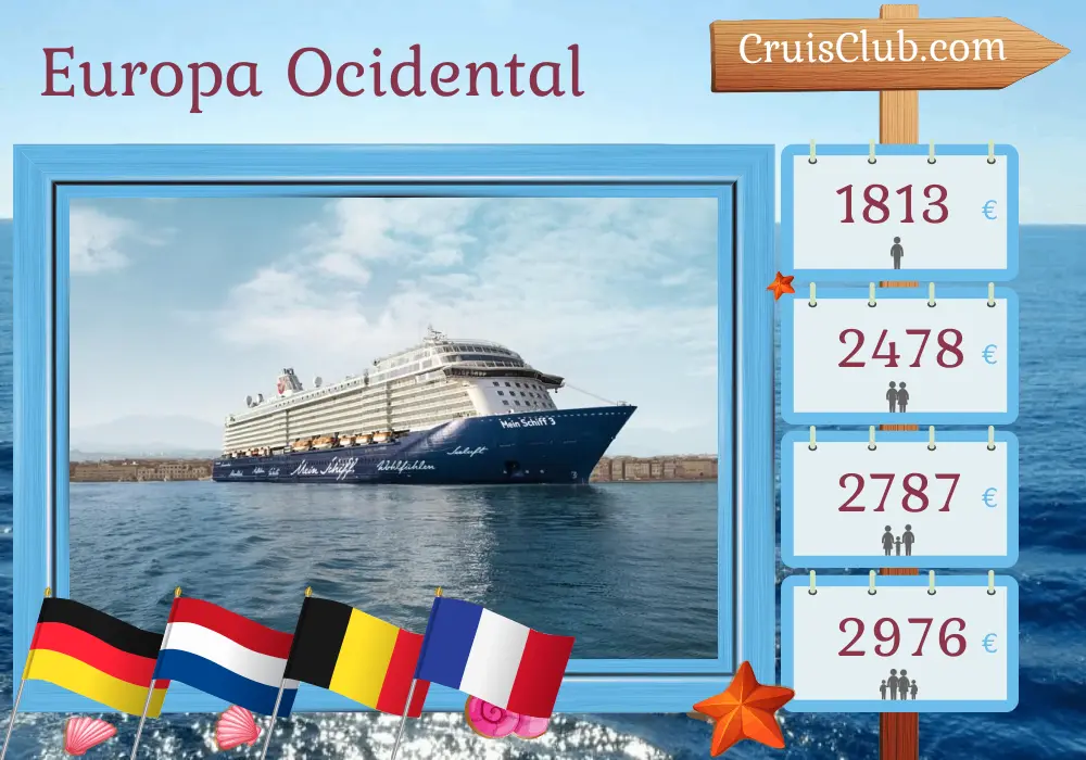 Cruzeiro no Oeste da Europa partindo de Bremerhaven a bordo do navio Mein Schiff 3 com visitas à Alemanha, Países Baixos, Bélgica e França durante 8 dias