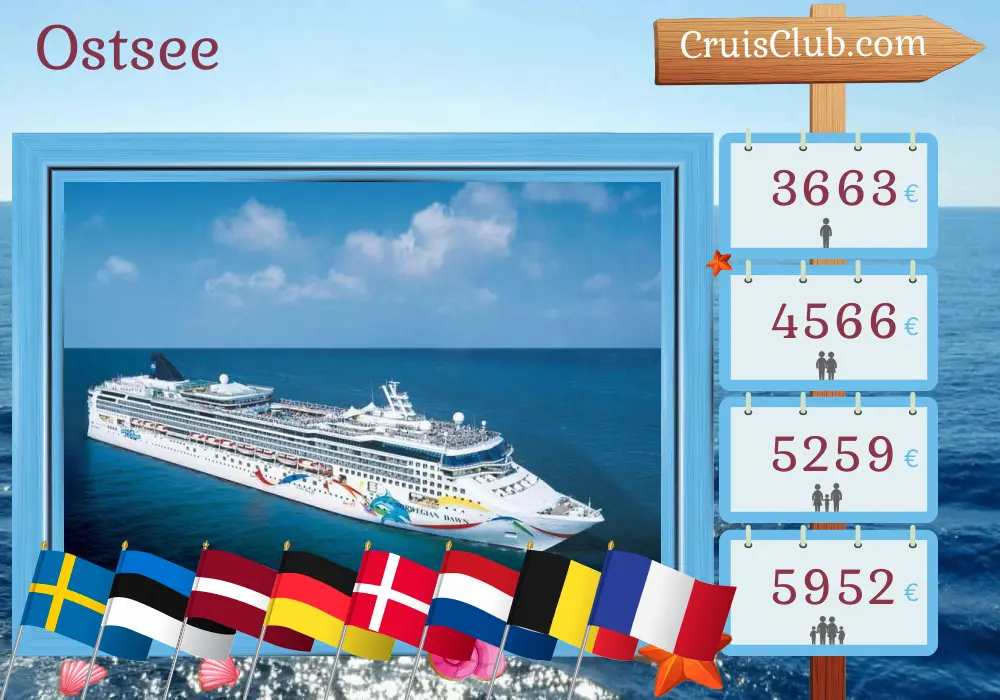 Kreuzfahrt in der Ostsee von Stockholm nach Le Havre an Bord des Schiffes Norwegian Dawn mit Besuchen in Schweden, Estland, Lettland, Deutschland, Dänemark, den Niederlanden, Belgien und Frankreich für 13 Tage