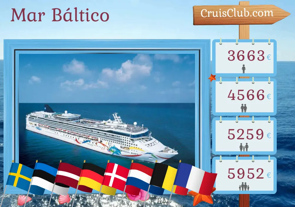 Crucero por el mar Báltico desde Estocolmo a Le Havre a bordo del barco Norwegian Dawn con visitas a Suecia, Estonia, Letonia, Alemania, Dinamarca, Países Bajos, Bélgica y Francia durante 13 días