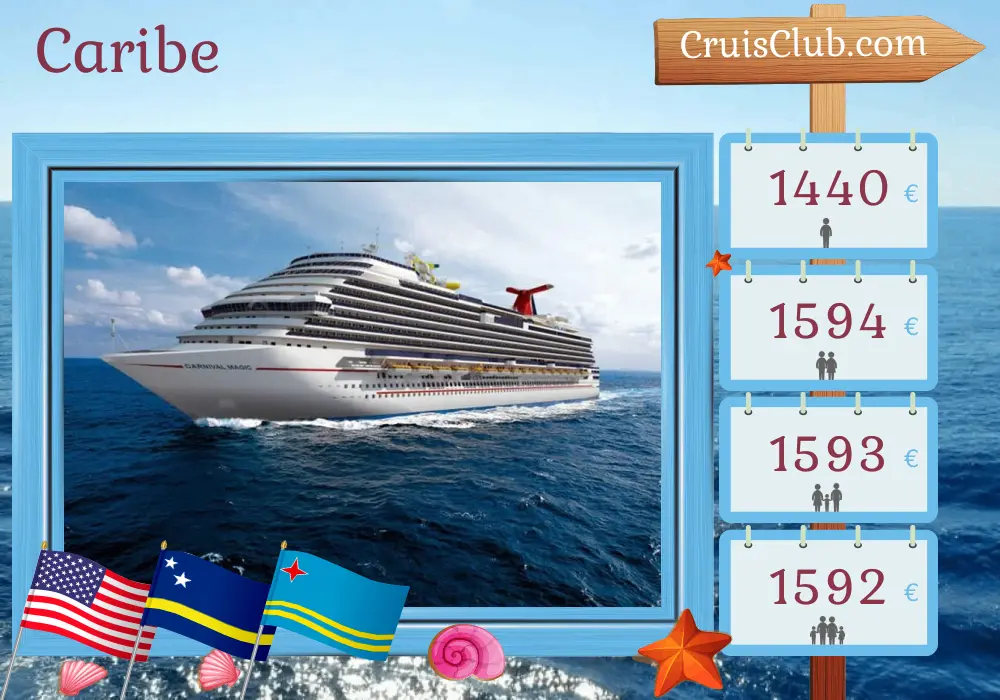 Cruzeiro no Caribe a partir de Miami à bordo do navio Carnival Magic com visitas aos Estados Unidos, Curaçao, Aruba e República Dominicana por 9 dias