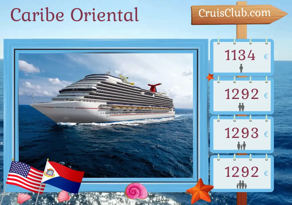 Cruzeiro no Caribe Oriental a partir de Miami a bordo do navio Carnival Magic, com visitas aos EUA, República Dominicana e Porto Rico por 9 dias