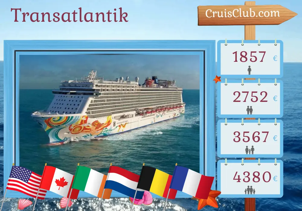 Kreuzfahrt über den Atlantik von New York nach Southampton an Bord der Norwegian Getaway mit Besuchen in den USA, Kanada, Irland, den Niederlanden, Belgien und Frankreich für 15 Tage