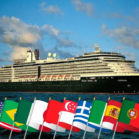 Welttournee Kreuzfahrt ab Fort Lauderdale an Bord des Schiffs Zuiderdam mit Besuchen in den USA, Trinidad und Tobago, Französisch-Guayana, Brasilien, Grenada, Curaçao, Panama, Costa Rica, Mexiko, Guam, Nördliche Marianen, Japan, China, Hongkong, Vietnam, Singapur, Sri Lanka, Indien, Vereinigte Arabische Emirate, Oman, Israel, Jordanien, Ägypten, Türkei, Griechenland, Italien, Spanien und Portugal für 129 Tage