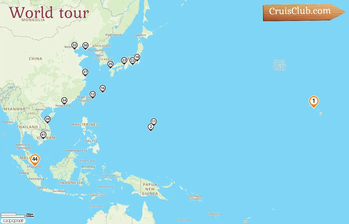 World tour Cruise from Honolulu to Singapore aboard Zuiderdam ship with visits to USA, Guam, Northern Mariana Islands, Japan, China, Hong Kong, Vietnam, and Singapore for 44 days