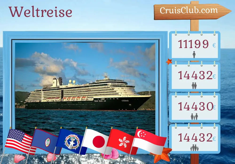 Kreuzfahrt auf der Welttour von Honolulu nach Singapur an Bord des Schiffes Zuiderdam mit Besuchen in den USA, Guam, den Nördlichen Marianen, Japan, China, Hongkong, Vietnam und Singapur für 44 Tage