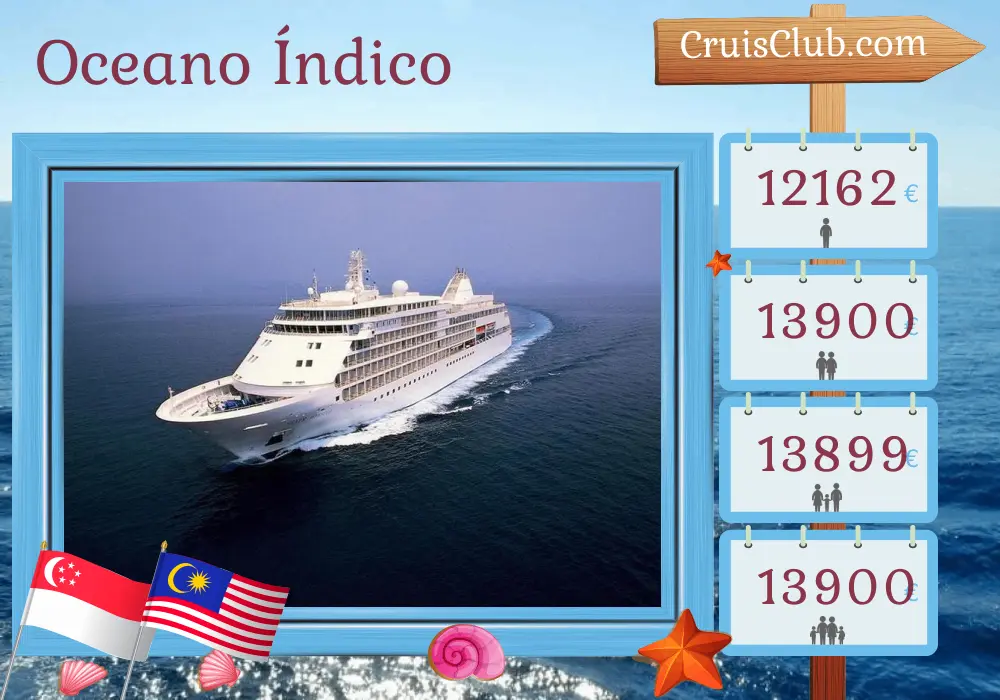 Cruzeiro no Oceano Índico de Singapura para Mumbai a bordo do navio Silver Whisper com visitas a Singapura, Malásia, Tailândia, Sri Lanka e Índia por 18 dias