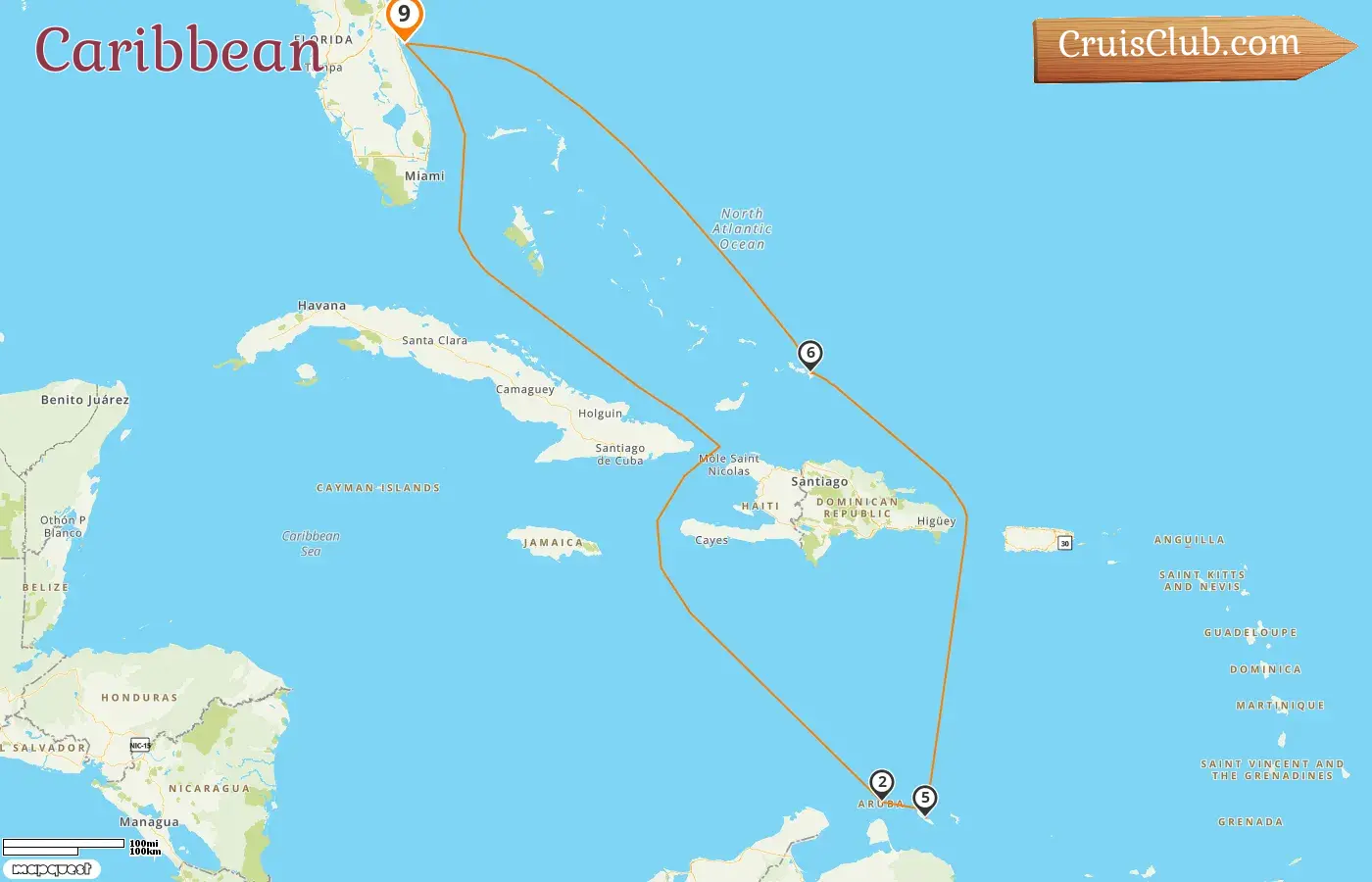 Caribbean Cruise from Port Canaveral / Orlando aboard Carnival Vista ship with visits to USA, Aruba, and Curaçao for 9 days