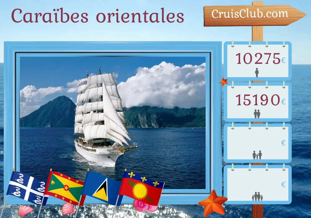 Croisière dans les Caraïbes de l`Est au départ de Fort-de-France à bord du navire Sea Cloud II avec des visites à la Martinique, Saint-Vincent-et-les-Grenadines, la Grenade, Sainte-Lucie, Saint-Barthélemy, les Îles Vierges britanniques et la Guadeloupe pendant 15 jours