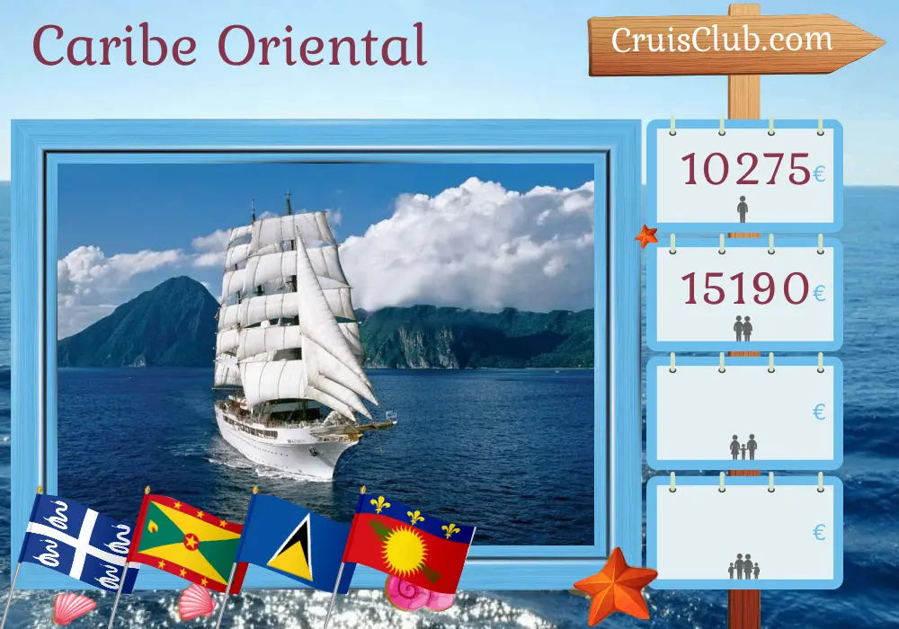 Crucero por el Caribe Oriental desde Fort-de-France a bordo del barco Sea Cloud II con visitas a Martinica, San Vicente y las Granadinas, Granada, Santa Lucía, San Bartolomé, Islas Vírgenes Británicas y Guadalupe durante 15 días