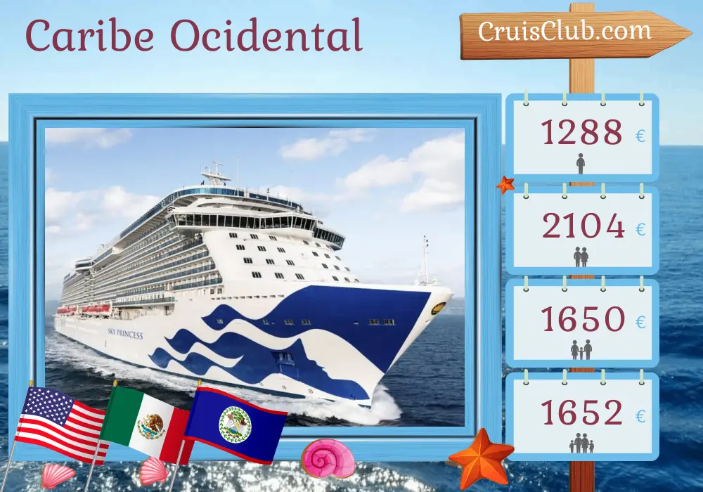 Cruzeiro no Caribe Ocidental a partir de Fort Lauderdale a bordo do navio Sky Princess com visitas aos EUA, México, Honduras e Belize por 8 dias