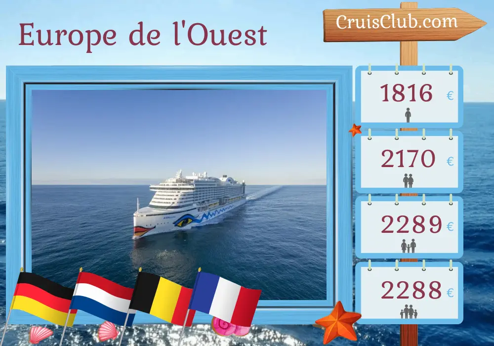 Croisière en Europe de l`Ouest depuis Hambourg à bord du navire AIDAprima avec des visites en Allemagne, aux Pays-Bas, en Belgique et en France pendant 8 jours