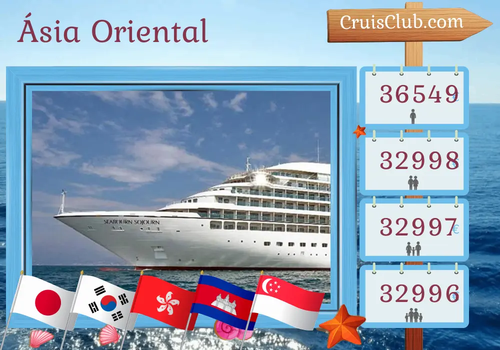 Cruzeiro no leste da Ásia de Keelung a Singapura a bordo do navio Seabourn Sojourn com visitas a Taiwan, Japão, Coreia do Sul, China, Hong Kong, Vietnã, Camboja, Tailândia e Singapura por 40 dias