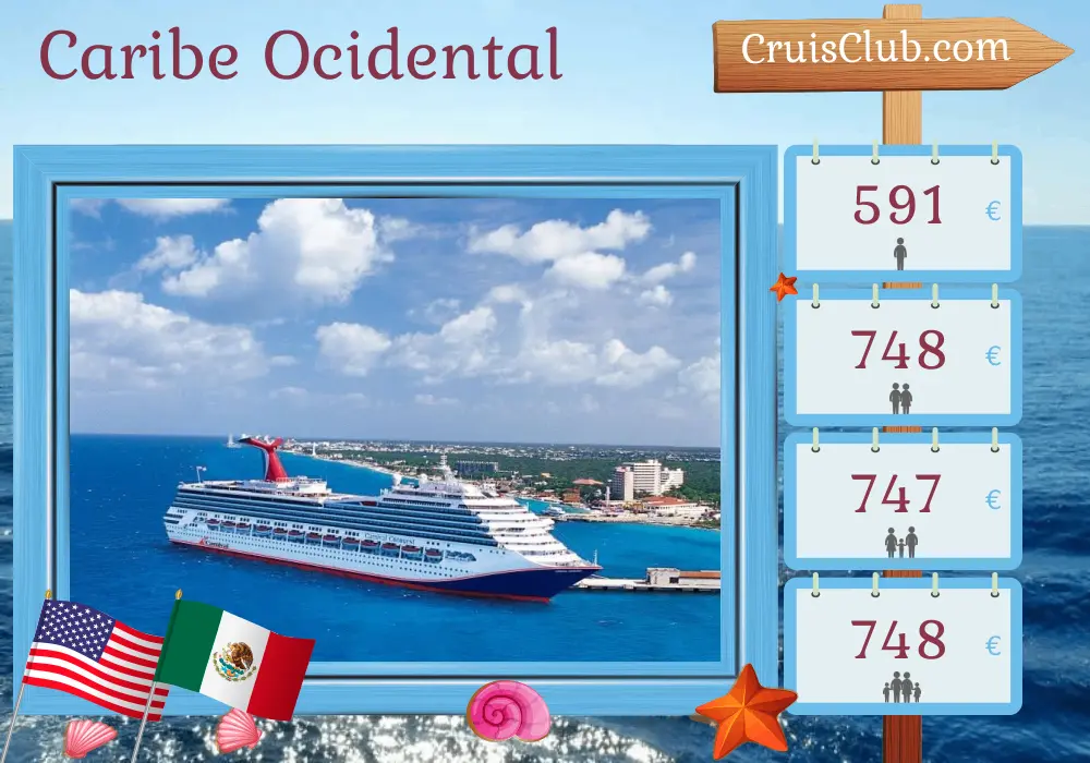 Cruzeiro no Caribe Ocidental saindo de Miami a bordo do navio Carnival Conquest com visitas aos Estados Unidos e México por 5 dias