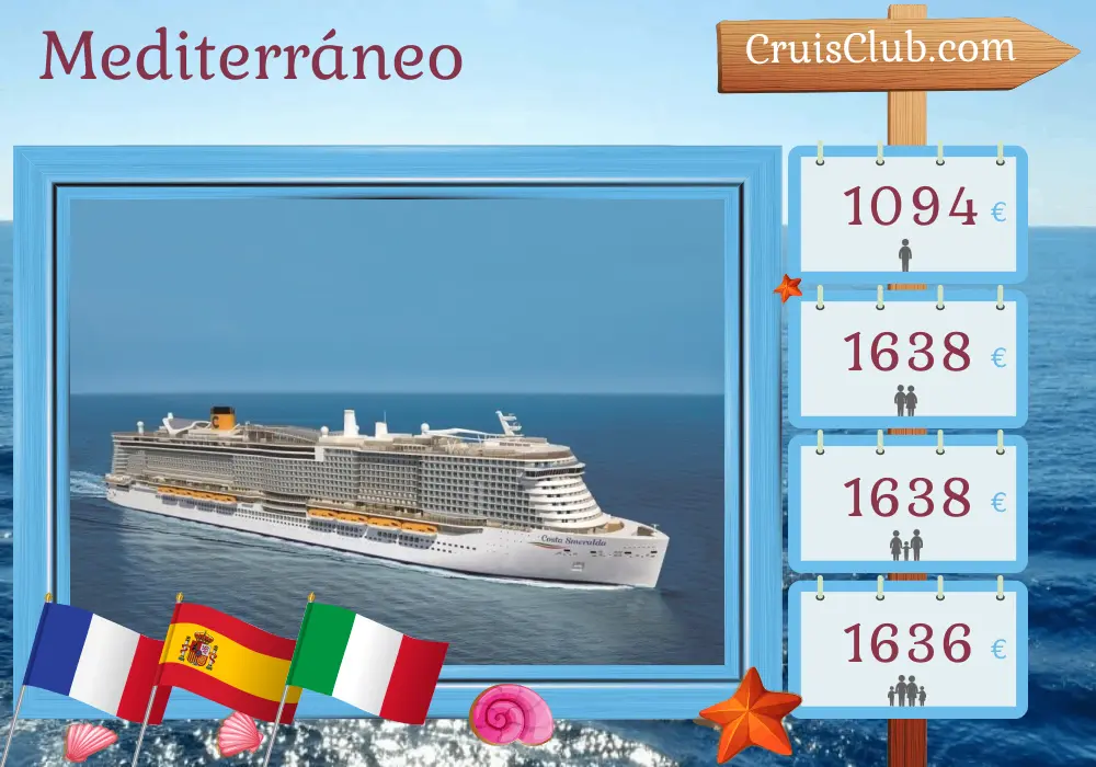 Cruise en el Mediterráneo desde Marsella a bordo del barco Costa Smeralda con visitas a Francia, España e Italia durante 8 días