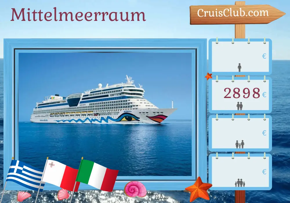 Kreuzfahrt im Mittelmeer ab Korfu an Bord des AIDAblu Schiffes mit Stopps in Griechenland, Malta und Italien für 8 Tage