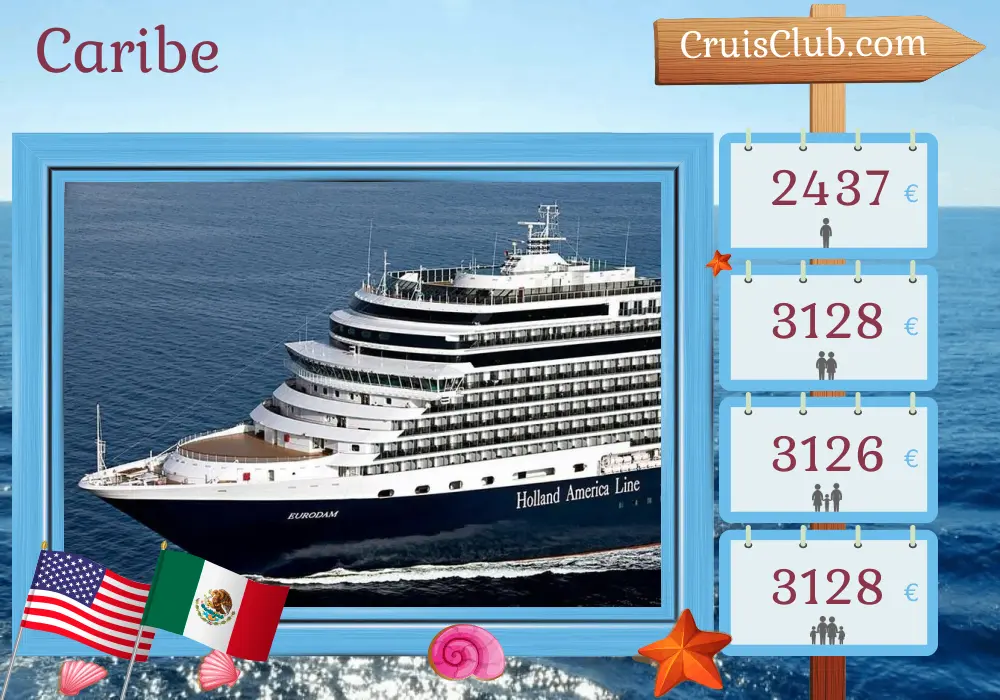 Cruzeiro no Caribe a partir de Fort Lauderdale a bordo do navio Eurodam com visitas aos EUA, Bahamas, Jamaica, Ilhas Cayman e México por 8 dias