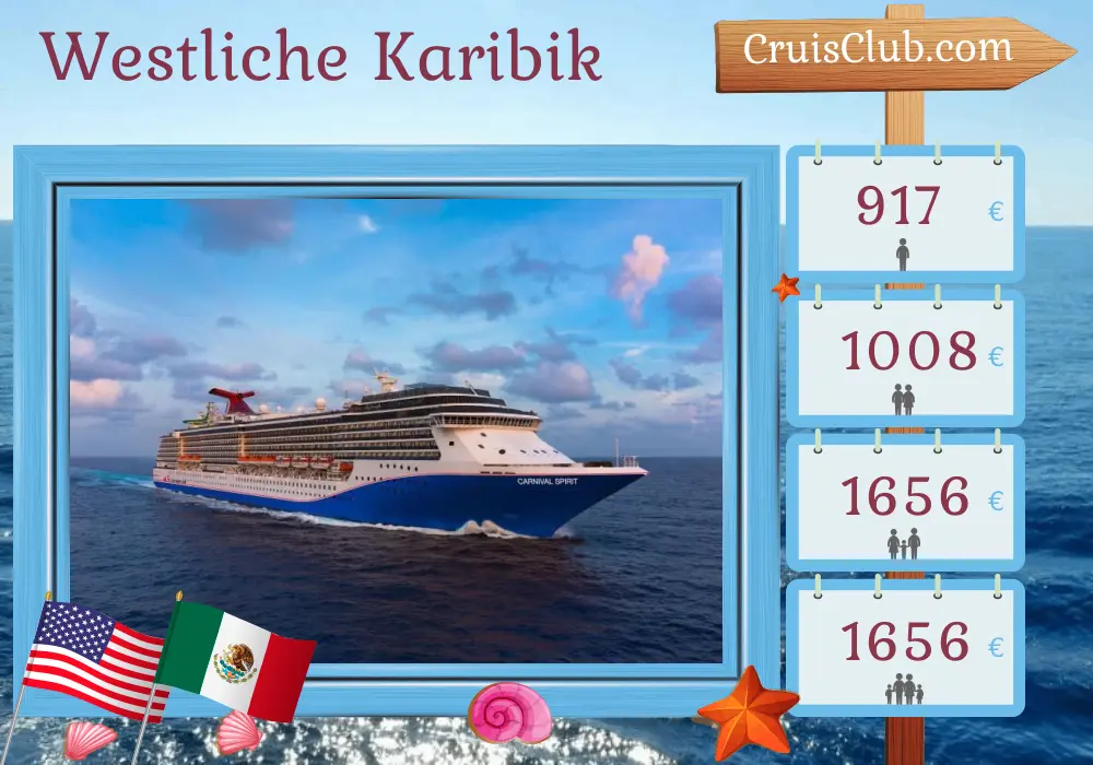 Kreuzfahrt in der westlichen Karibik ab Mobile an Bord des Carnival Spirit Schiffes mit Besuchen in den USA, Belize und Mexiko für 7 Tage