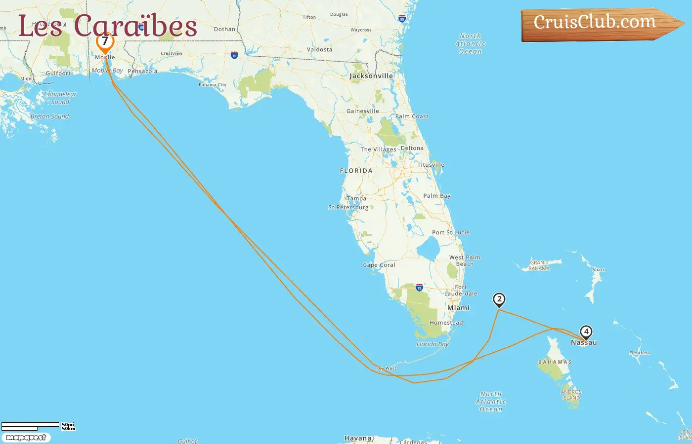 Croisière dans les Caraïbes au départ de Mobile à bord du navire Carnival Spirit avec escales aux États-Unis et aux Bahamas pendant 7 jours