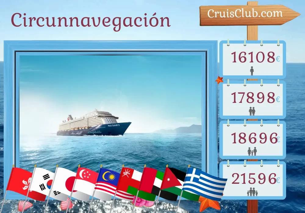 Crucero en el World tour desde Hong Kong a Heraklion a bordo del barco Mein Schiff 5 con visitas a Hong Kong, Taiwán, Corea del Sur, Japón, China, Vietnam, Tailandia, Singapur, Malasia, Sri Lanka, Omán, Emiratos Árabes Unidos, Jordania, Egipto y Grecia durante 59 días