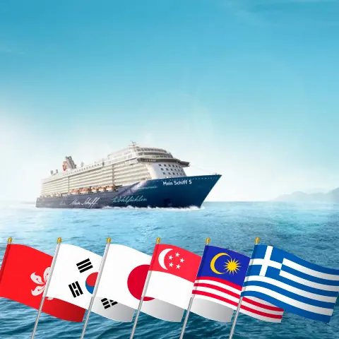 Crucero en el World tour desde Hong Kong a Heraklion a bordo del barco Mein Schiff 5 con visitas a Hong Kong, Taiwán, Corea del Sur, Japón, China, Vietnam, Tailandia, Singapur, Malasia, Sri Lanka, Omán, Emiratos Árabes Unidos, Jordania, Egipto y Grecia durante 59 días